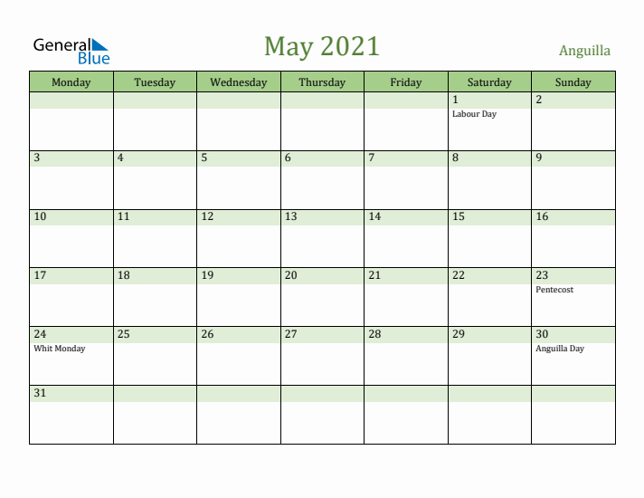 May 2021 Calendar with Anguilla Holidays
