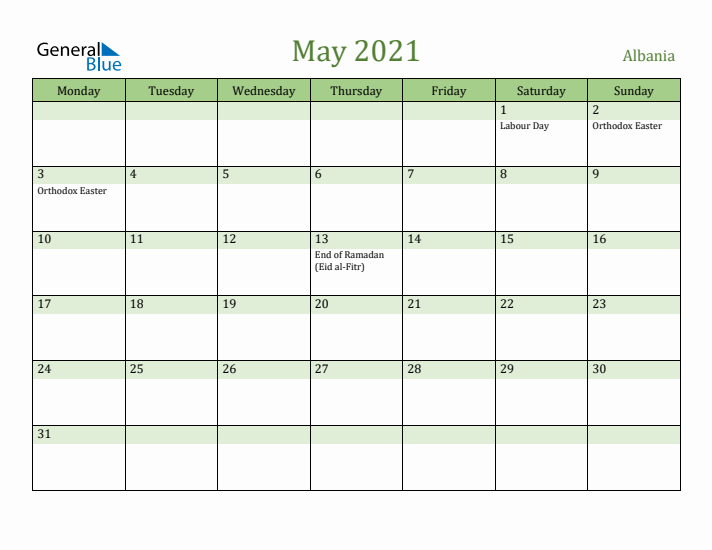 May 2021 Calendar with Albania Holidays