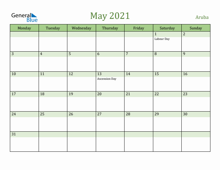 May 2021 Calendar with Aruba Holidays