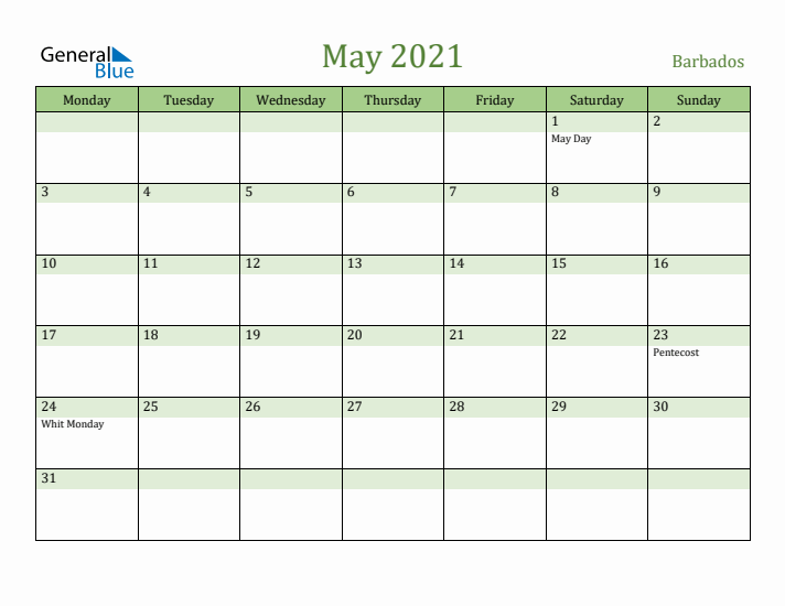 May 2021 Calendar with Barbados Holidays
