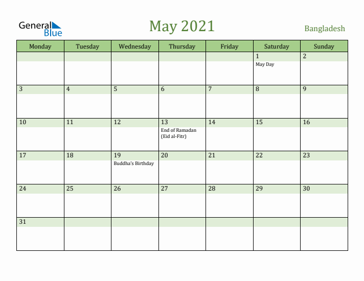 May 2021 Calendar with Bangladesh Holidays