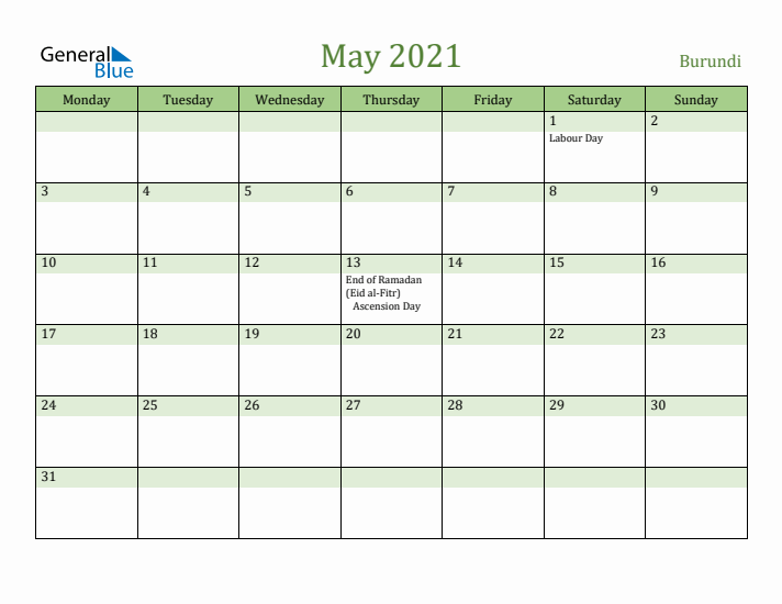 May 2021 Calendar with Burundi Holidays