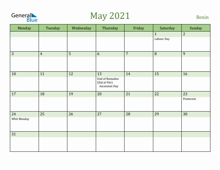 May 2021 Calendar with Benin Holidays