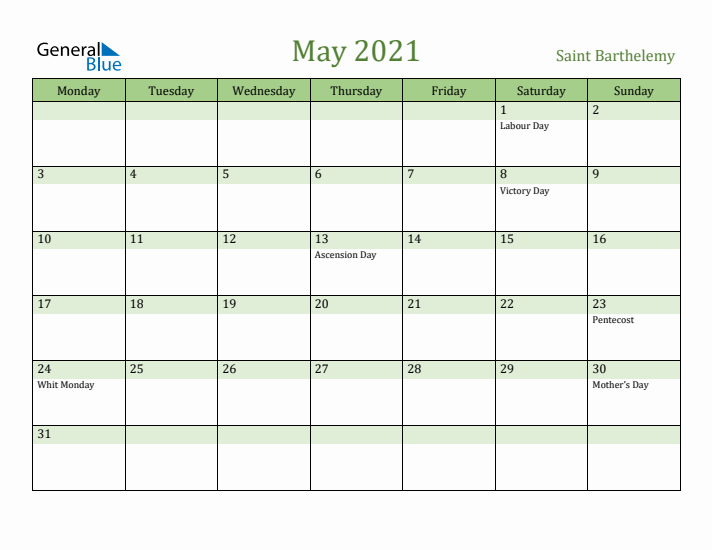 May 2021 Calendar with Saint Barthelemy Holidays
