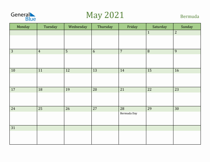 May 2021 Calendar with Bermuda Holidays