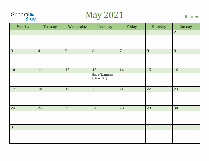 May 2021 Calendar with Brunei Holidays