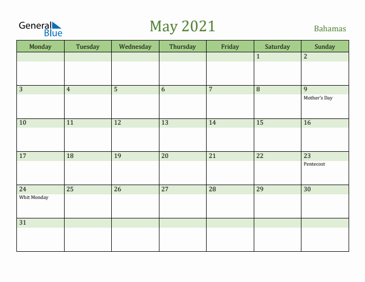 May 2021 Calendar with Bahamas Holidays