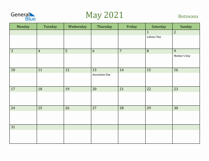 May 2021 Calendar with Botswana Holidays