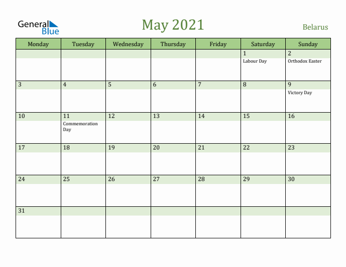 May 2021 Calendar with Belarus Holidays