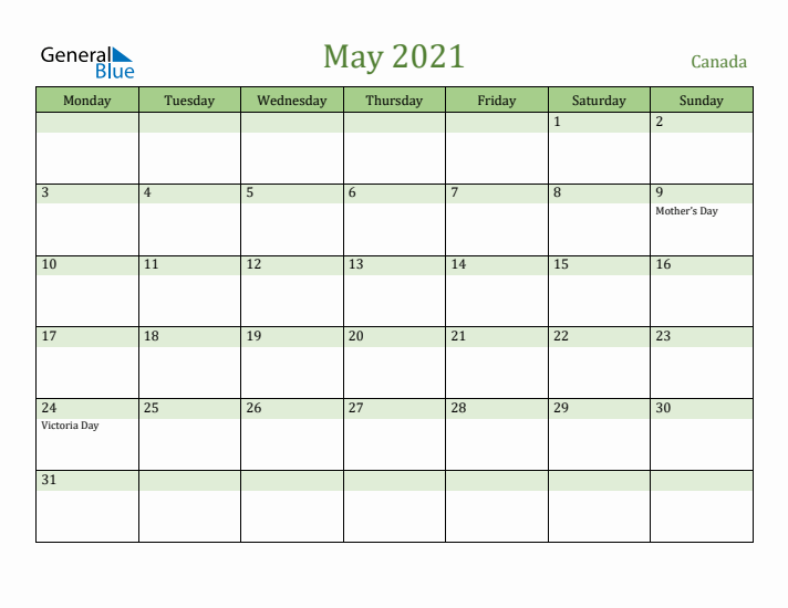 May 2021 Calendar with Canada Holidays