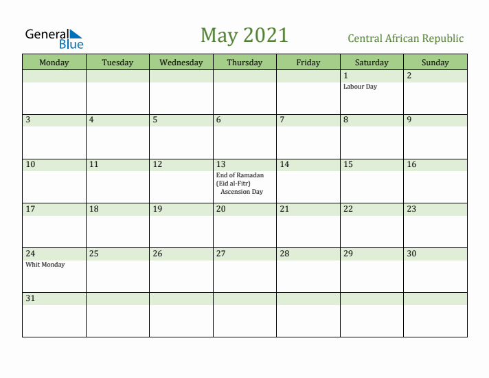 May 2021 Calendar with Central African Republic Holidays