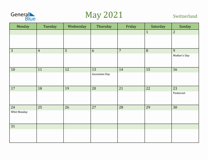 May 2021 Calendar with Switzerland Holidays