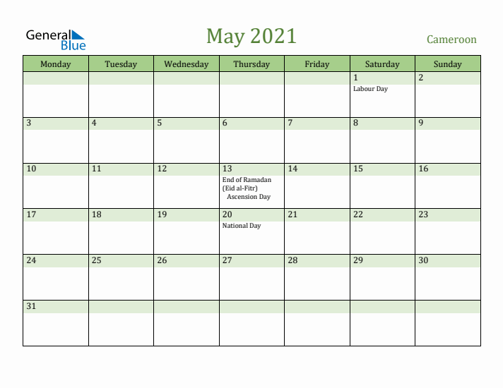 May 2021 Calendar with Cameroon Holidays