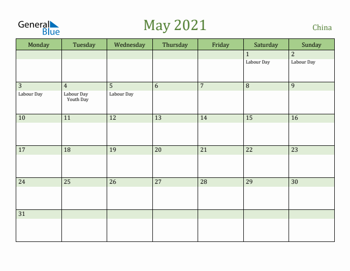 May 2021 Calendar with China Holidays