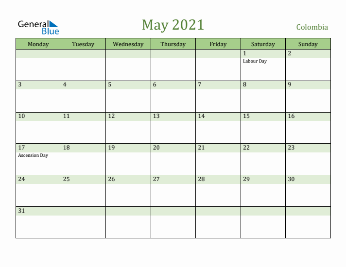 May 2021 Calendar with Colombia Holidays