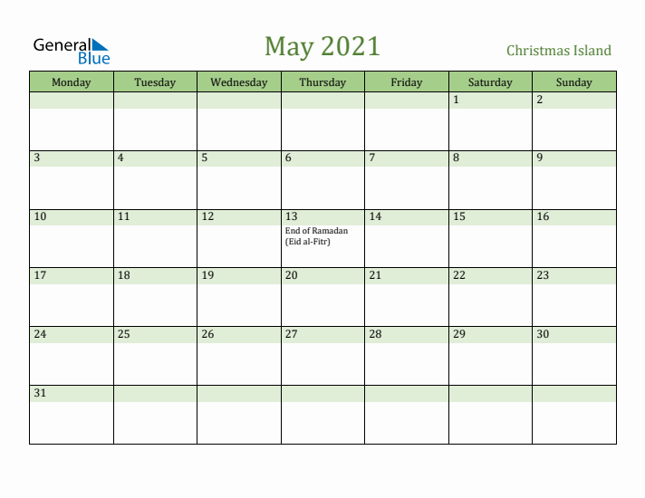 May 2021 Calendar with Christmas Island Holidays