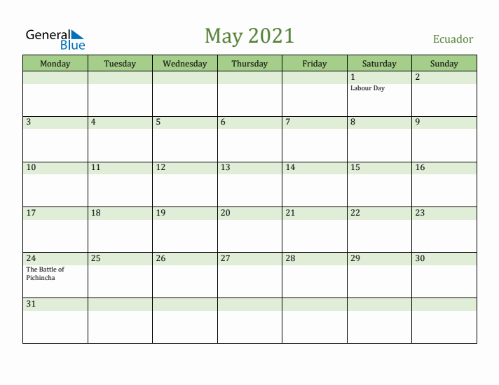May 2021 Calendar with Ecuador Holidays
