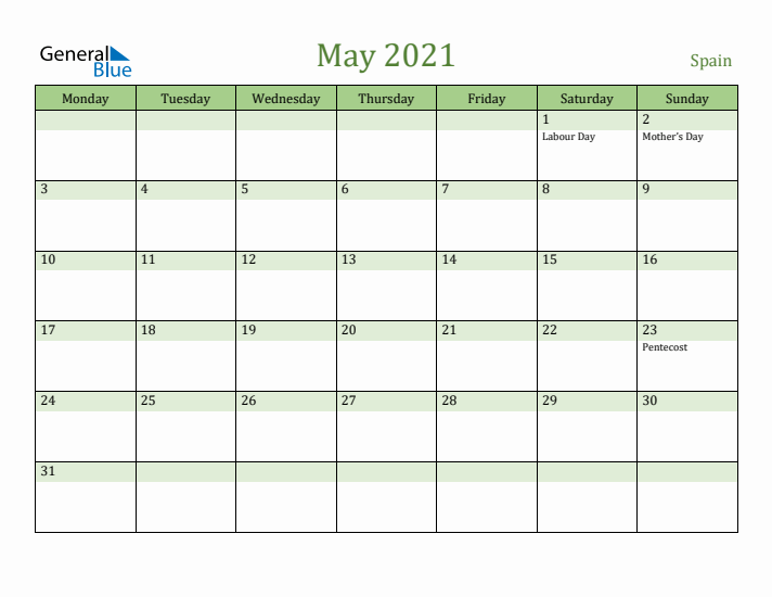 May 2021 Calendar with Spain Holidays