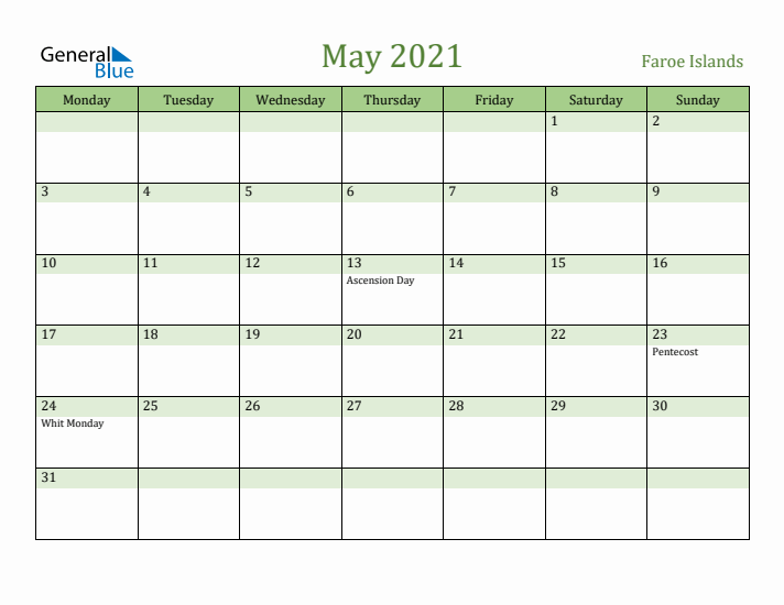 May 2021 Calendar with Faroe Islands Holidays