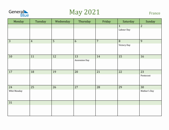 May 2021 Calendar with France Holidays