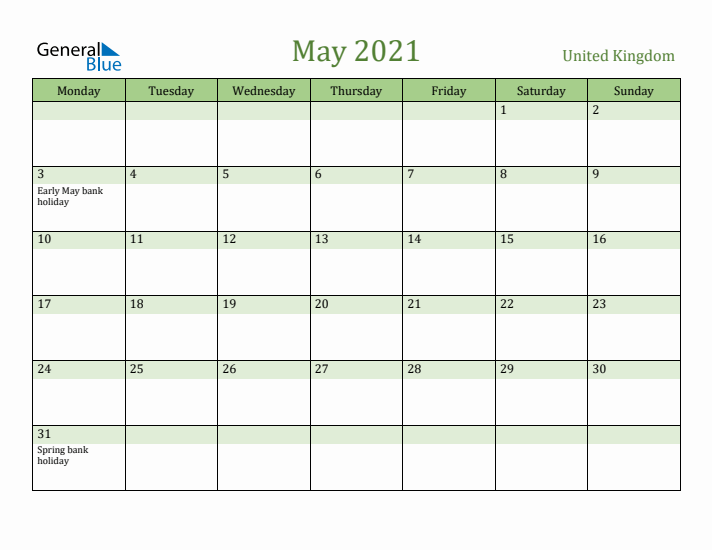 May 2021 Calendar with United Kingdom Holidays