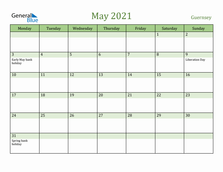 May 2021 Calendar with Guernsey Holidays
