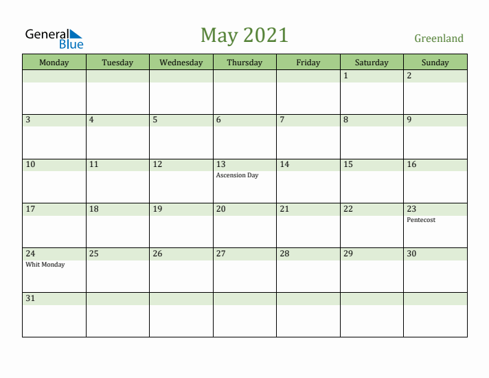 May 2021 Calendar with Greenland Holidays