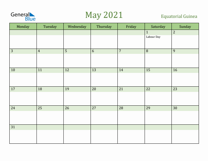 May 2021 Calendar with Equatorial Guinea Holidays