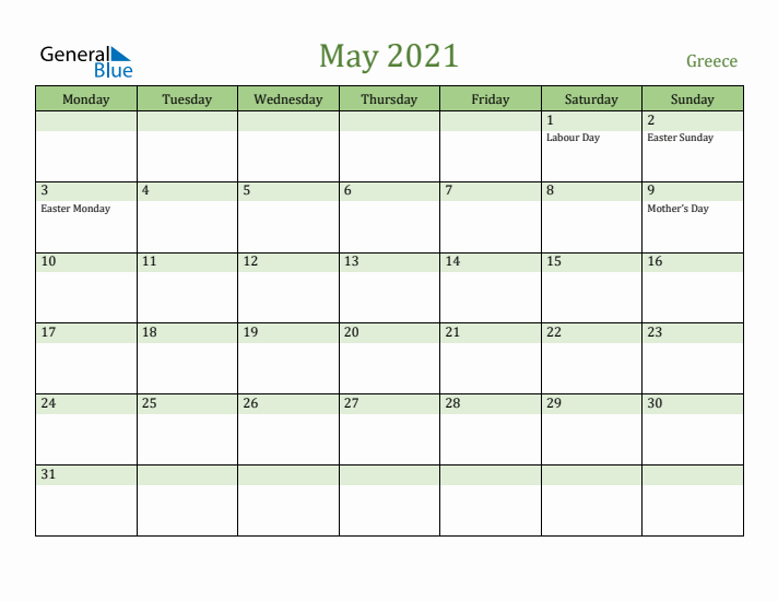 May 2021 Calendar with Greece Holidays