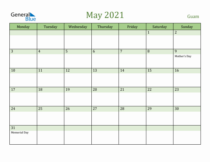May 2021 Calendar with Guam Holidays