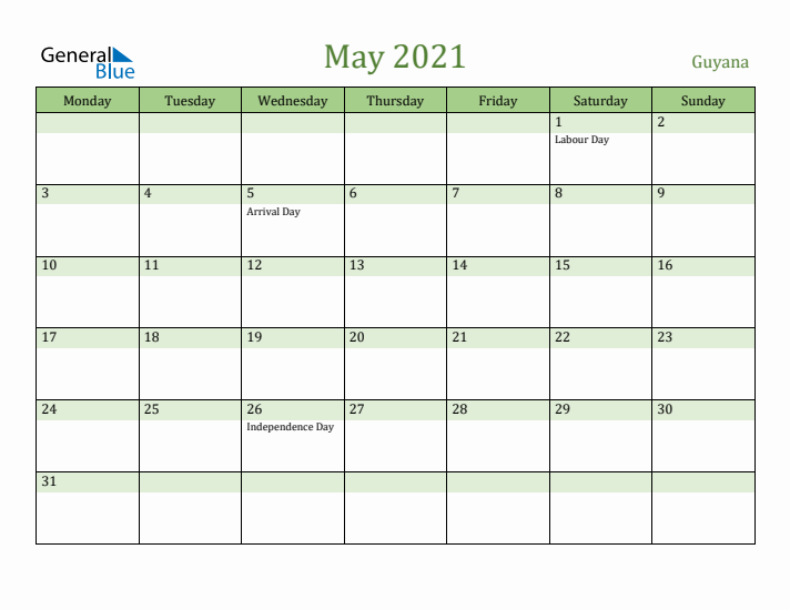 May 2021 Calendar with Guyana Holidays