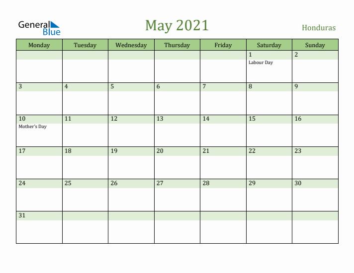 May 2021 Calendar with Honduras Holidays