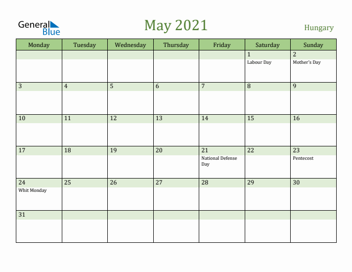 May 2021 Calendar with Hungary Holidays