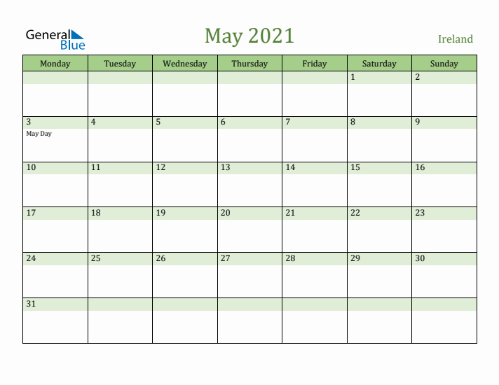 May 2021 Calendar with Ireland Holidays