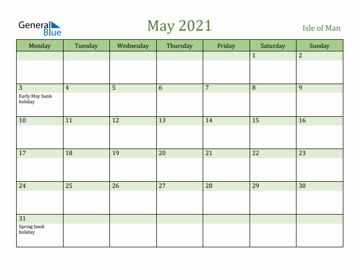 May 2021 Calendar with Isle of Man Holidays