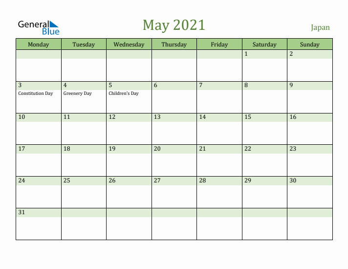 May 2021 Calendar with Japan Holidays