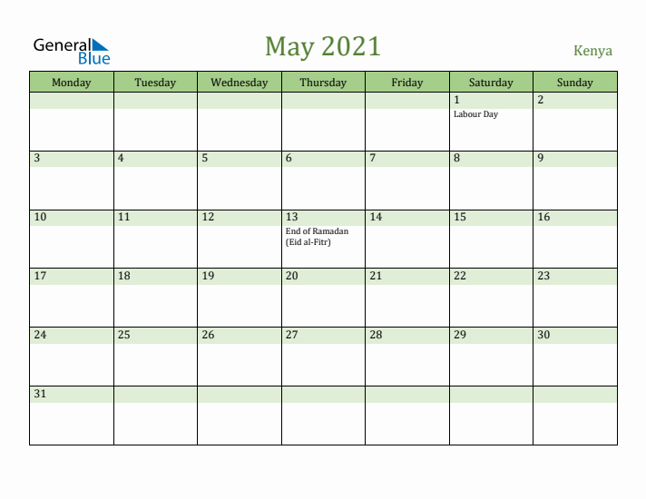May 2021 Calendar with Kenya Holidays
