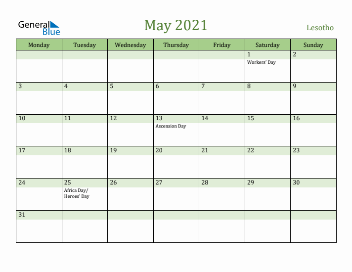 May 2021 Calendar with Lesotho Holidays