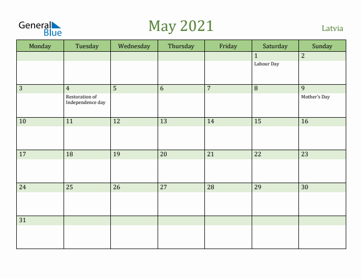 May 2021 Calendar with Latvia Holidays