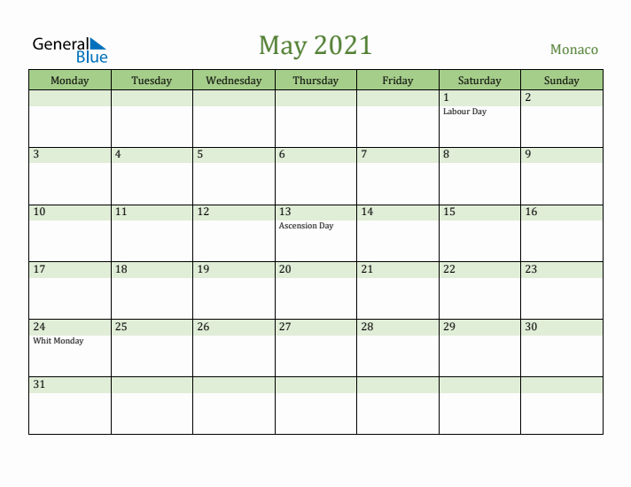 May 2021 Calendar with Monaco Holidays