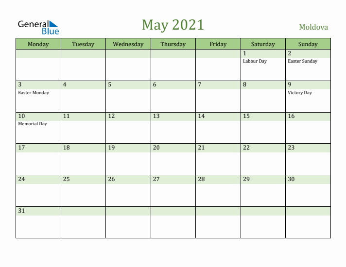 May 2021 Calendar with Moldova Holidays