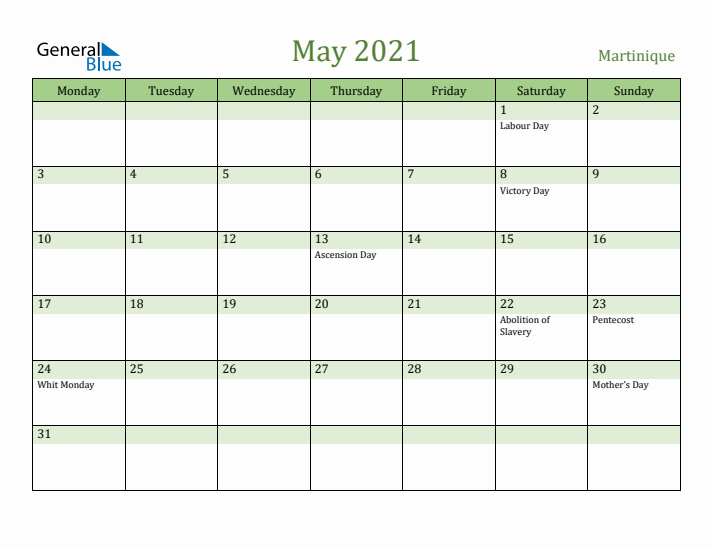 May 2021 Calendar with Martinique Holidays