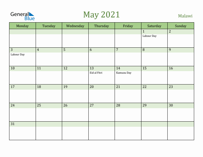 May 2021 Calendar with Malawi Holidays