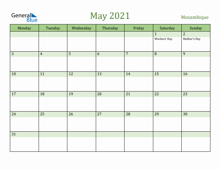 May 2021 Calendar with Mozambique Holidays