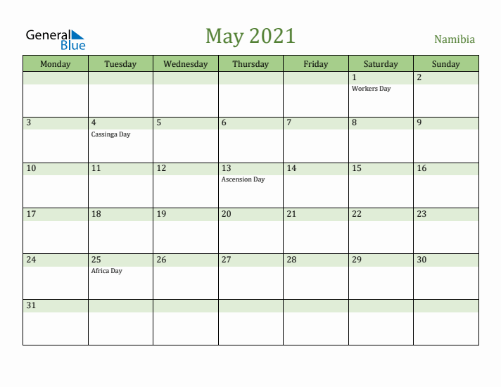May 2021 Calendar with Namibia Holidays
