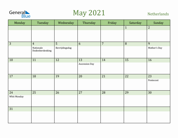 May 2021 Calendar with The Netherlands Holidays