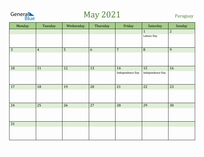 May 2021 Calendar with Paraguay Holidays
