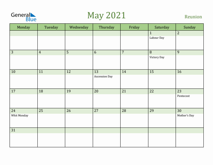 May 2021 Calendar with Reunion Holidays