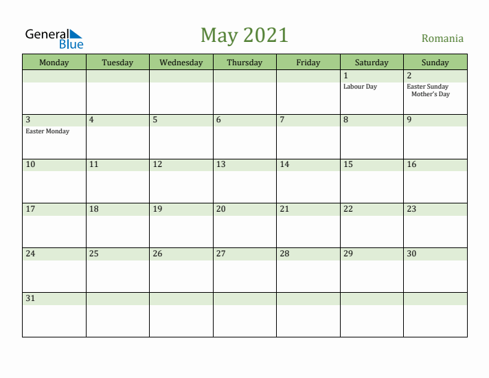 May 2021 Calendar with Romania Holidays