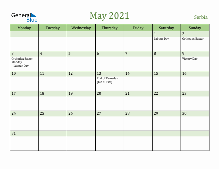 May 2021 Calendar with Serbia Holidays
